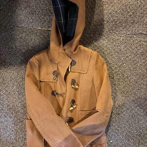 ZARA Women’s Brown Duffle Coat Hooded Toggle Closure Plaid Lined Size Medium